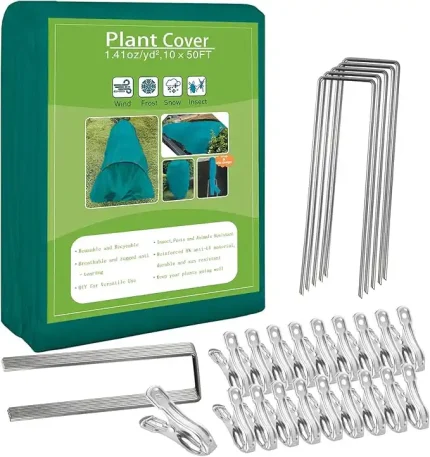 Plant Covers Freeze Protection, 10ft x 50ft 1.41 oz/yd² Frost Cloth Plant Blankets Floating Row Covers with 35 Stainless Steel Clips for Winter Plants Gardens Frost/Sun Pests Protection, Dark Green