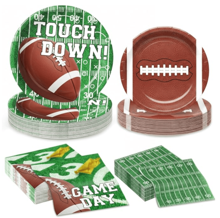 196PCS Football Party Decorations Supplies Serves 24, Disposable Football Paper Plates Napkins Cups Banner Tablecloth Tableware Set for Sport Themed Game Bowl Gameday Birthday Party Decorations Favors