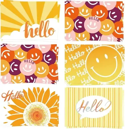 GRADESIN 60 Hello Postcards for Mailing Bulk Blank Greeting Cards 4 x 6 Inch Sunny Sunflower Colorful Smiley Face Post Cards for Kids Adults Teachers Students Assorted Blank Note Cards 5 Hello Designs