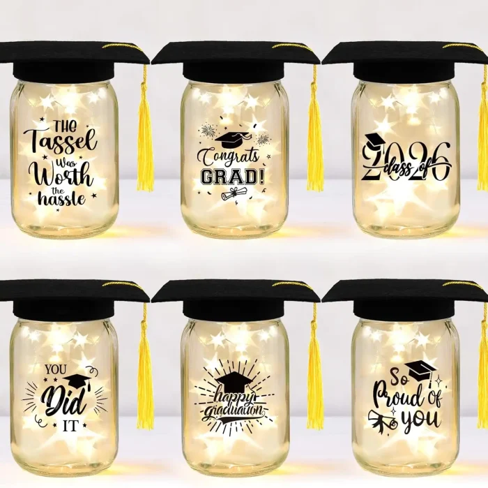 71U+9fIx+IL._AC_SL1500__副本 CUPLOOV 6 Sets 2026 Graduation Centerpieces for Tables, Mason Jar Centerpieces with Graduation Caps, Money Jars for College High School Congrats Grad Party Decor Supplies - Image 1