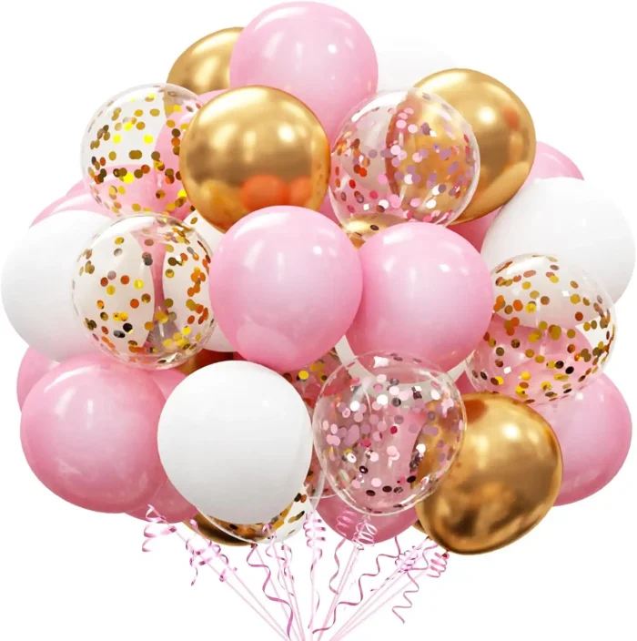71k+xp5pgSL._AC_SL1500__副本 OuMuaMua 60Pcs Pink Gold Confetti Latex Balloons Kit, 12 Inch Pink White Gold Helium Balloons Party Supplies for Confession Proposal Wedding Girl Birthday Baby Shower Party Decoration - Image 1