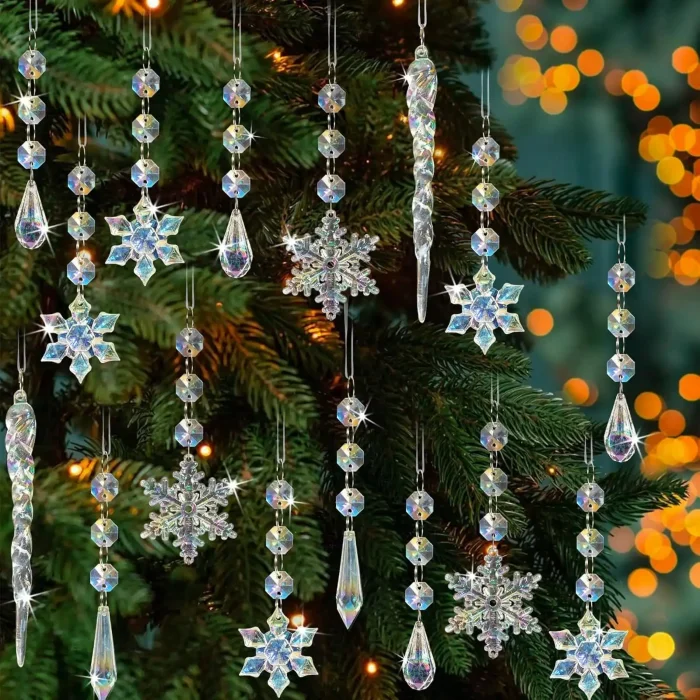 Christmas Tree Decorations Crystal Ornaments - 18pcs Iridescent Christmas Ornaments Acrylic Snowflakes Icicle Drop Crystal Hanging Ornaments for Xmas Tree Winter Holiday Frozen Party Decorations - Image 3