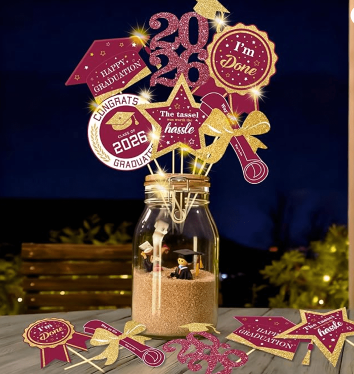 maroon gold Graduation Decorations for Class of 2026-30pcs Glitter Blue Gold Graduation Table Centerpieces Sticks with LED String Lights for College High School 2026 Graduation Party Favors Supplies - Image 1